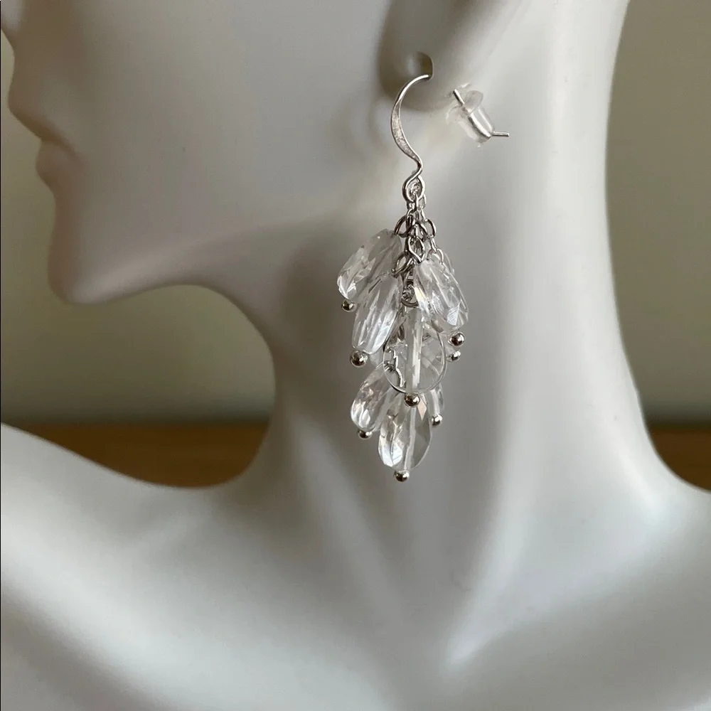 HAND CRAFTED CLEAR CRYSTAL TEARDROP CLUSTER DANGLE EARRINGS